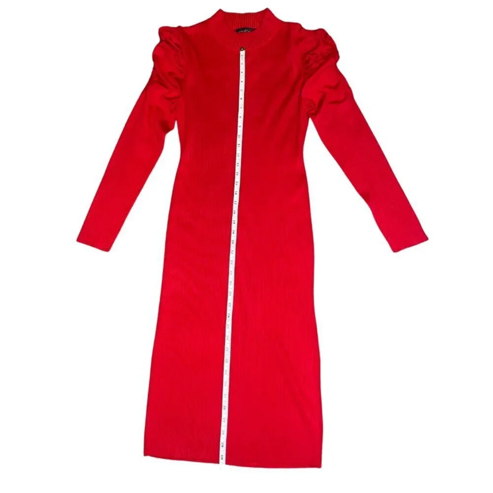 Almost Famous Sirencore Red Puff Shoulder Ribbed Midi Sweater Dress 1X